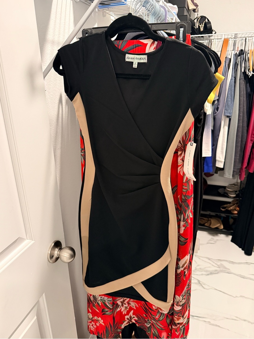 Almost Famous Black and Beige Asymmetrical Sheath Dress